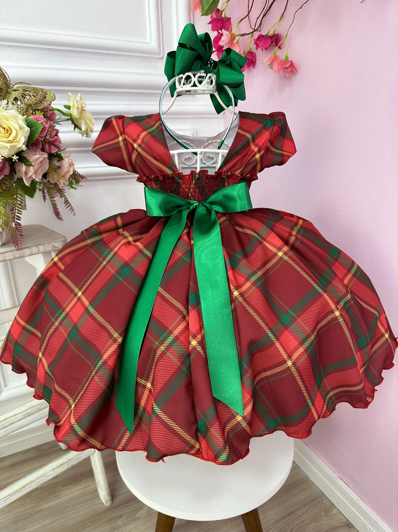 Vestido Infantil Vermelho C/ Xadrez Natal Festas Luxo