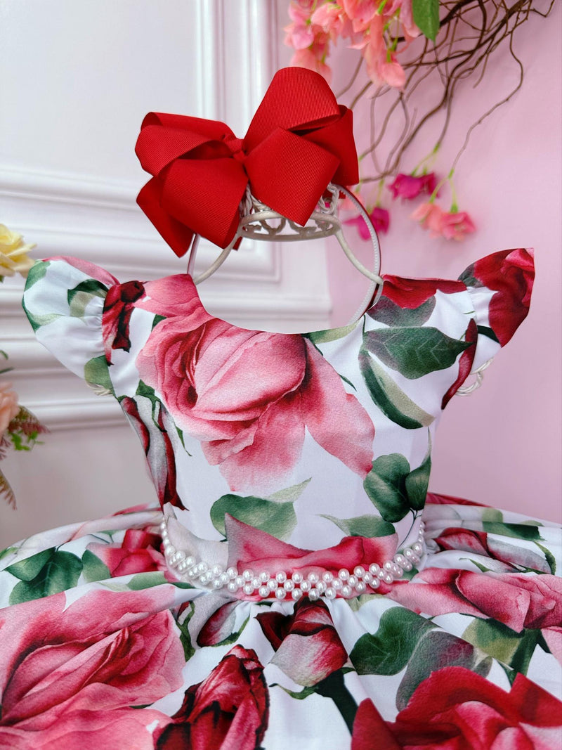 Vestido Infantil Branco Florido de Rosas Cinto Pérolas Festa