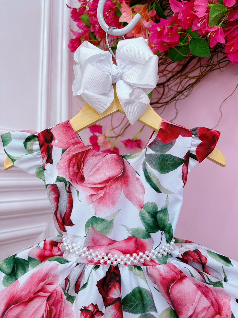 Vestido Infantil Branco Florido de Rosas Cinto Pérolas Festa