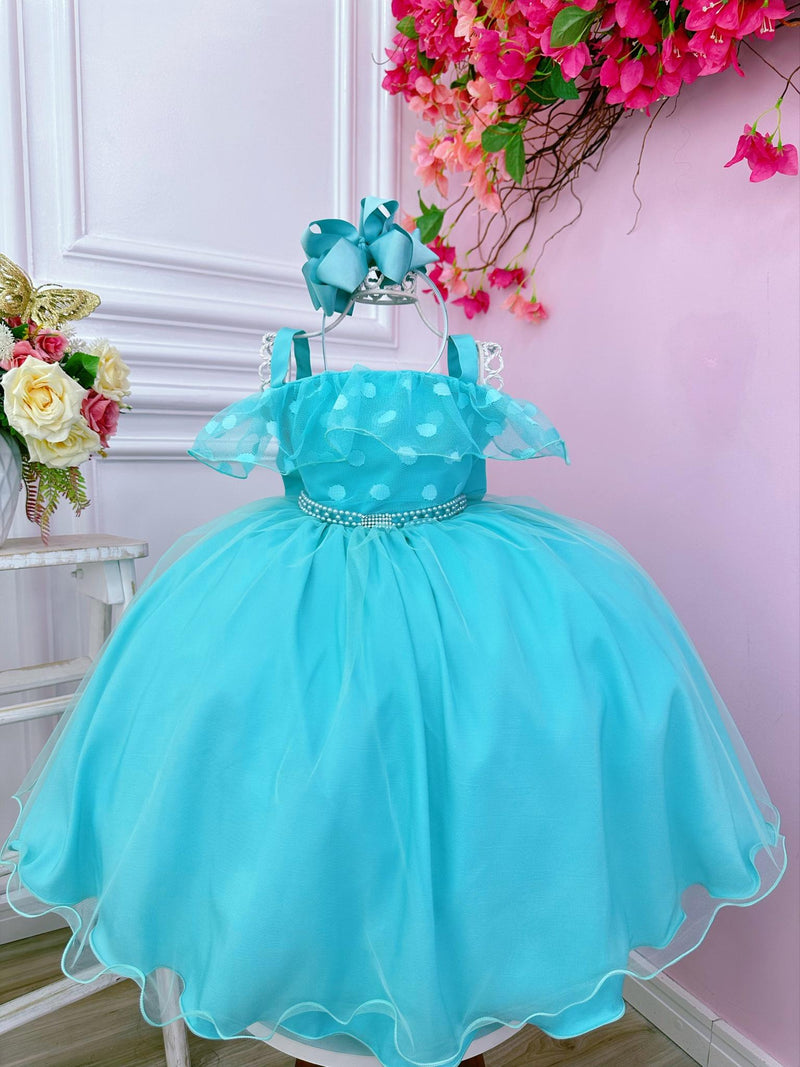 Vestido Infantil Verde Tiffany Bolinhas C/ Pérolas e Strass