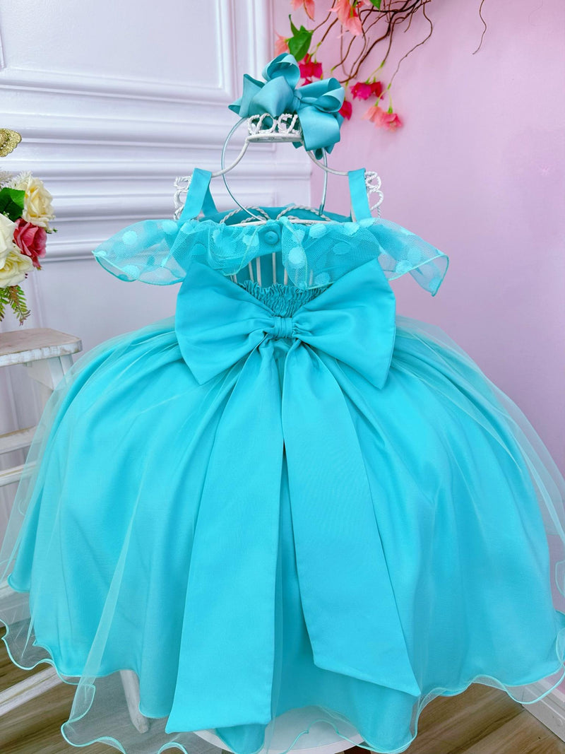 Vestido Infantil Verde Tiffany Bolinhas C/ Pérolas e Strass