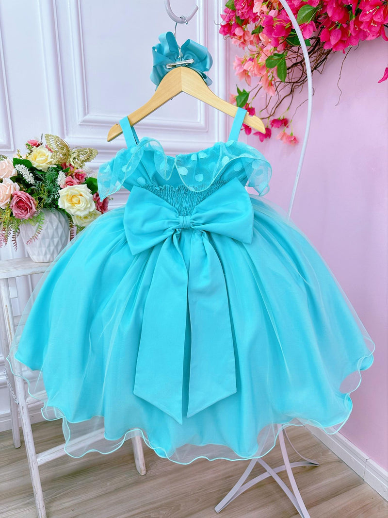 Vestido Infantil Verde Tiffany Bolinhas C/ Pérolas e Strass