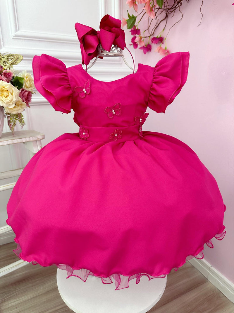 Vestido Infantil Rosa Com Apliques de Borboletas e Flores