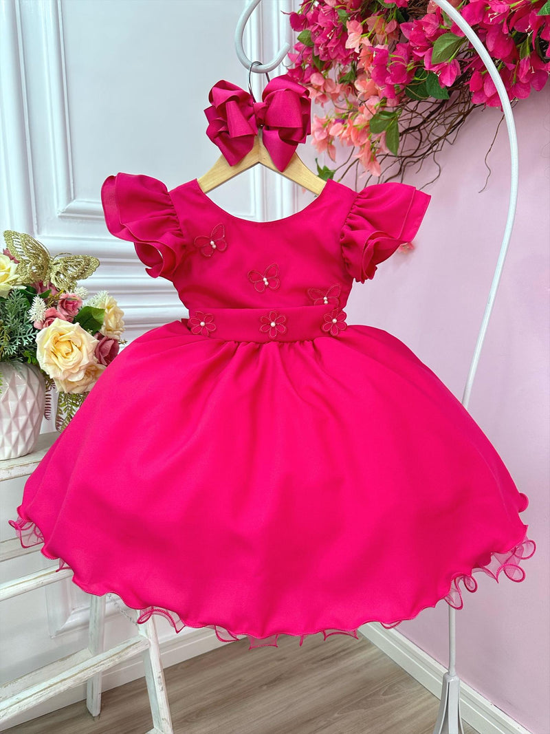 Vestido Infantil Rosa Com Apliques de Borboletas e Flores