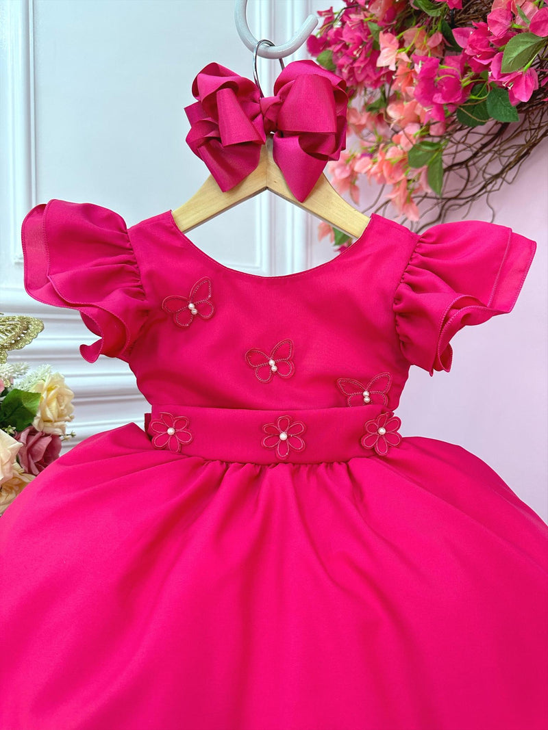 Vestido Infantil Rosa Com Apliques de Borboletas e Flores