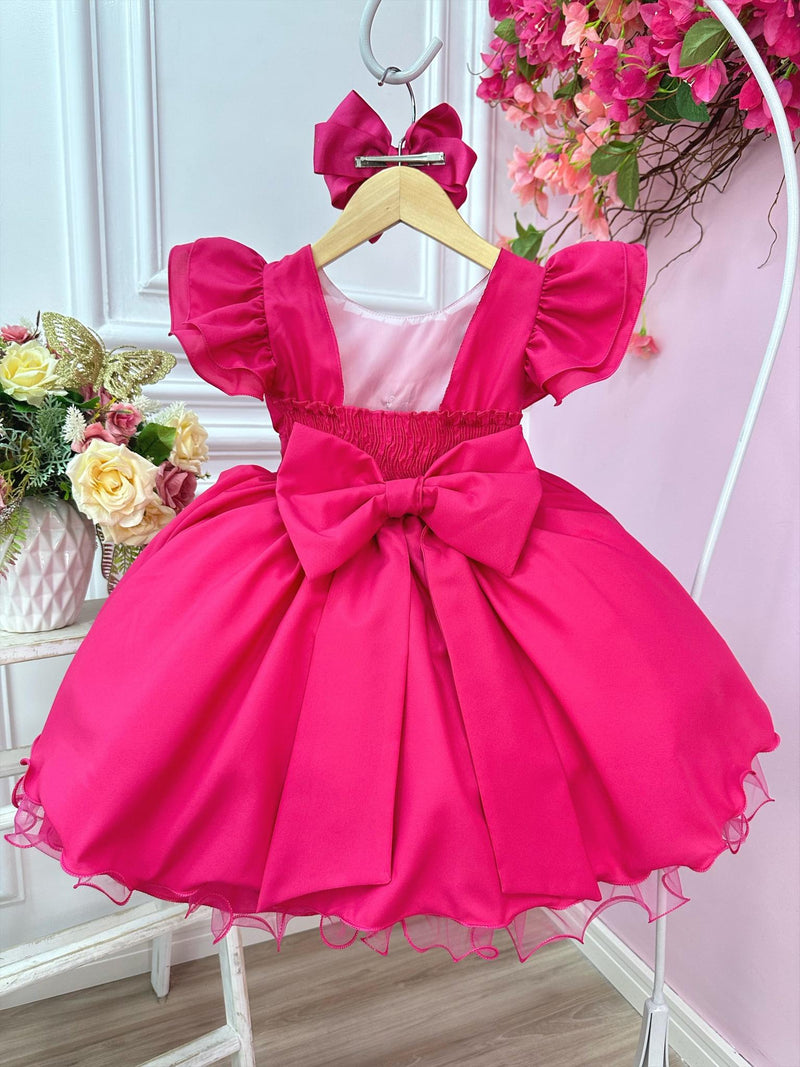 Vestido Infantil Rosa Com Apliques de Borboletas e Flores