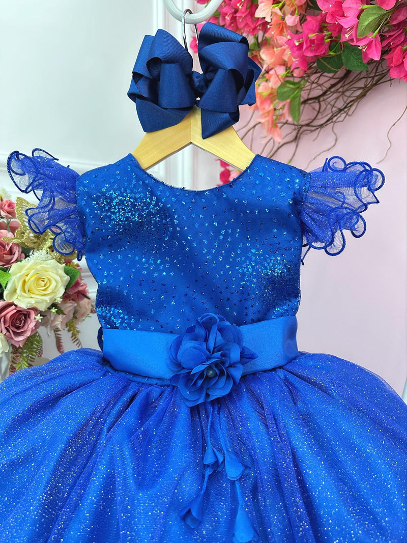 Vestido Infantil Azul Royal Com Glitter e Broche de Flor Luxo