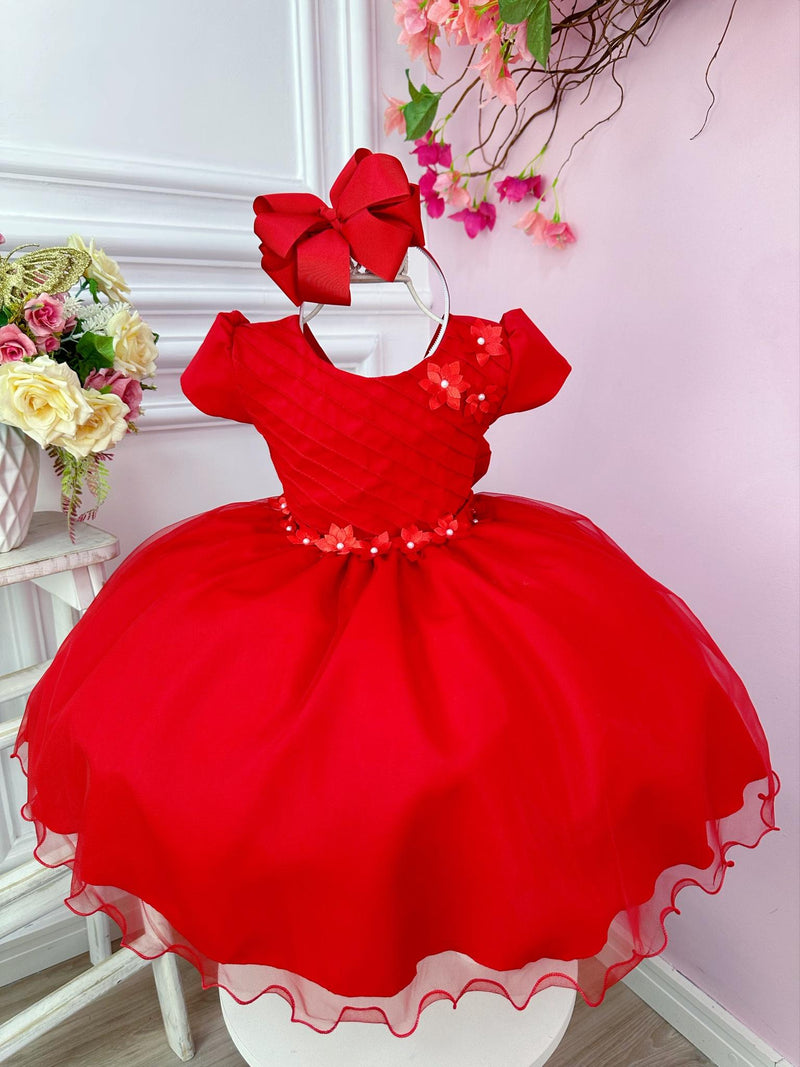 Vestido Infantil Vermelho Busto Plissado Flores Festas Natal (1241VM)