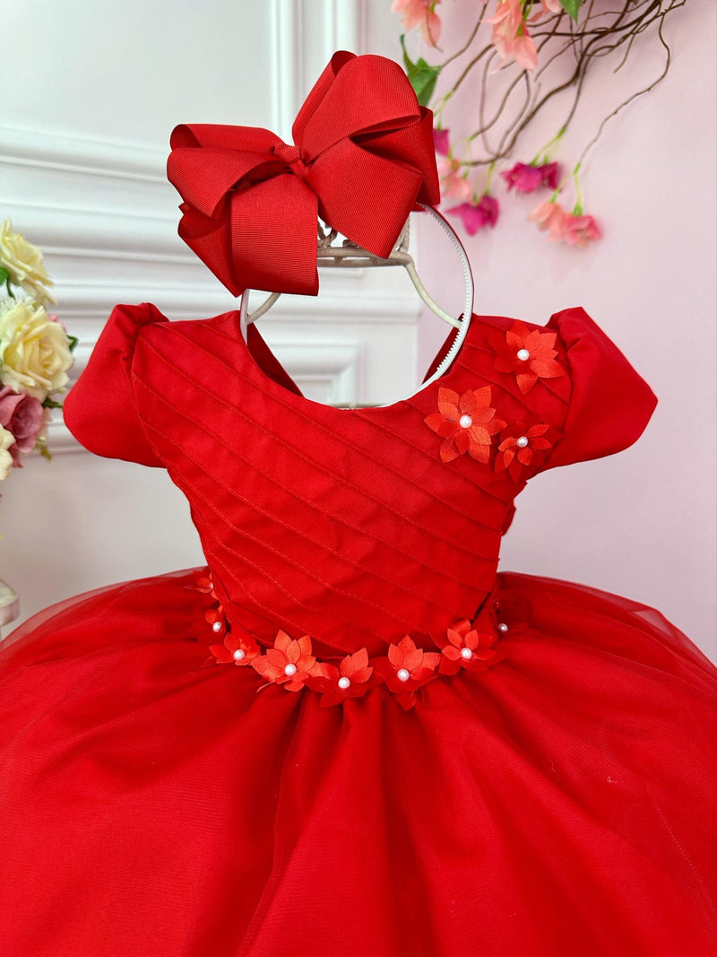 Vestido Infantil Vermelho Busto Plissado Flores Festas Natal (1241VM)