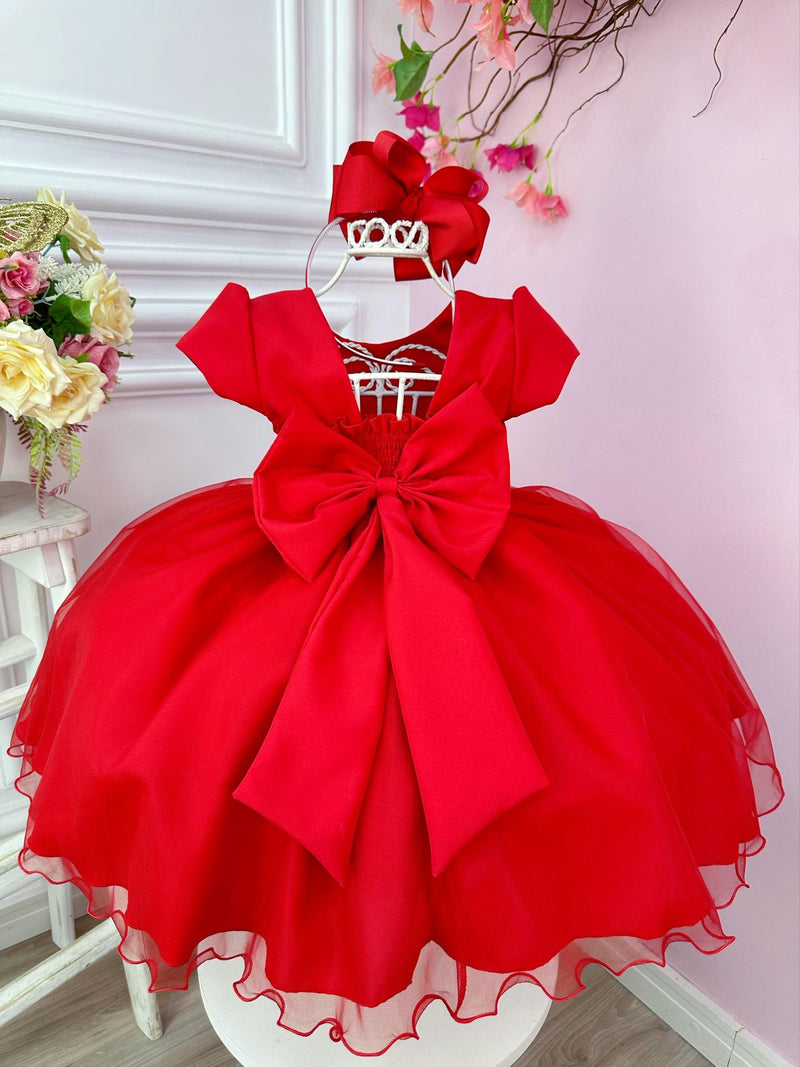 Vestido Infantil Vermelho Busto Plissado Flores Festas Natal (1241VM)