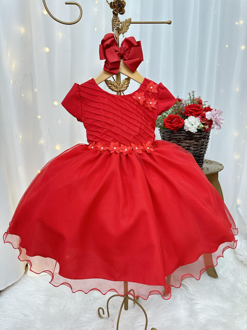 Vestido Infantil Vermelho Busto Plissado Flores Festas Natal (1241VM)