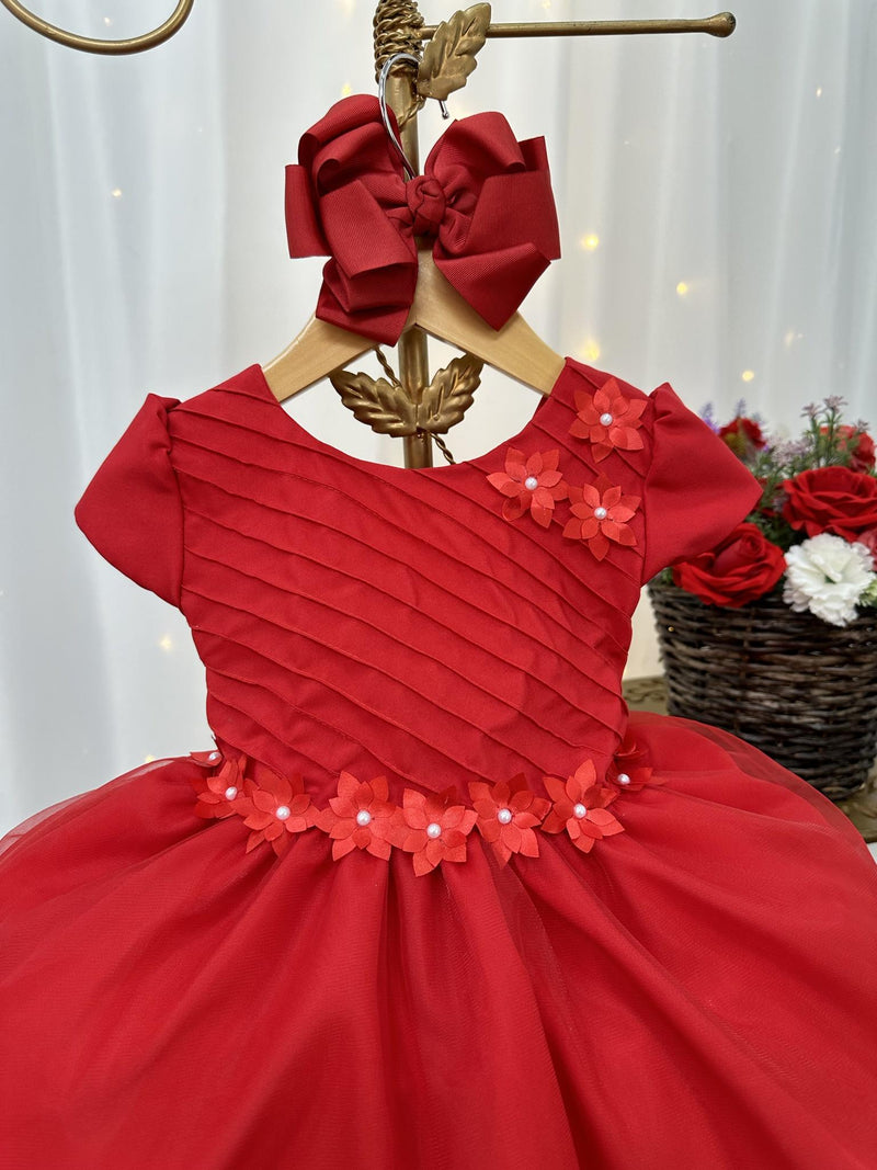 Vestido Infantil Vermelho Busto Plissado Flores Festas Natal (1241VM)