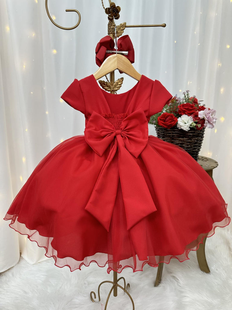 Vestido Infantil Vermelho Busto Plissado Flores Festas Natal (1241VM)