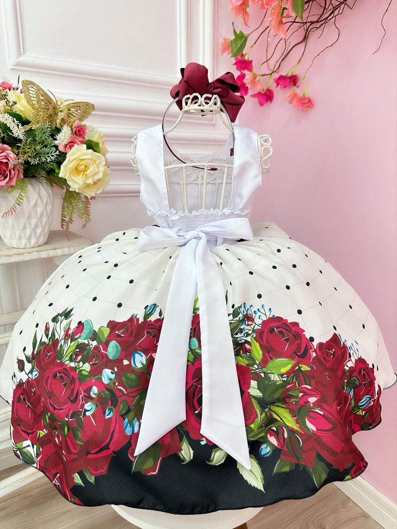 Vestido Infantil Off White Florido Marsala Busto Strass Festa