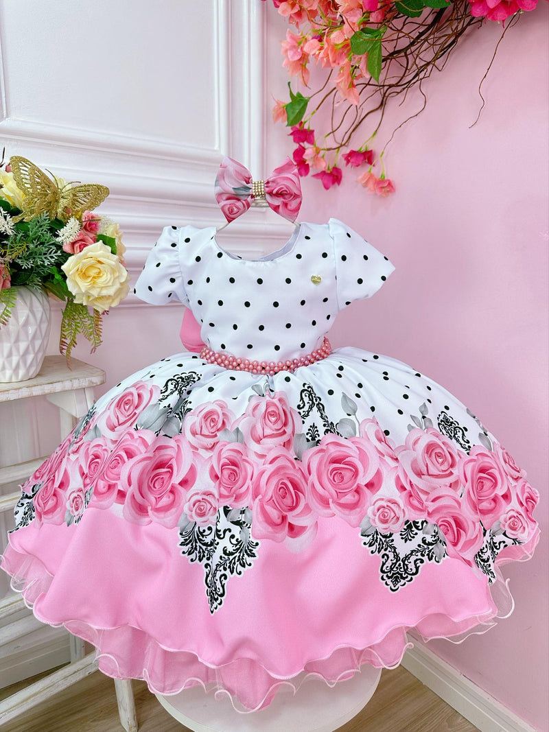 Vestido Infantil Branco Florido Rosa Cinto de Pérolas e Laço