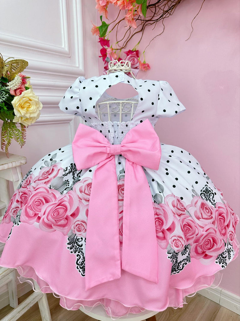 Vestido Infantil Branco Florido Rosa Cinto de Pérolas e Laço