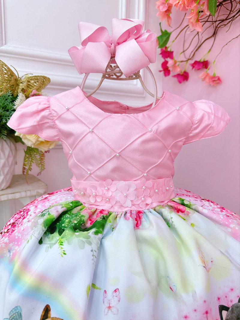 Vestido Infantil Rosa Jardim Encantado Bosque Apliques