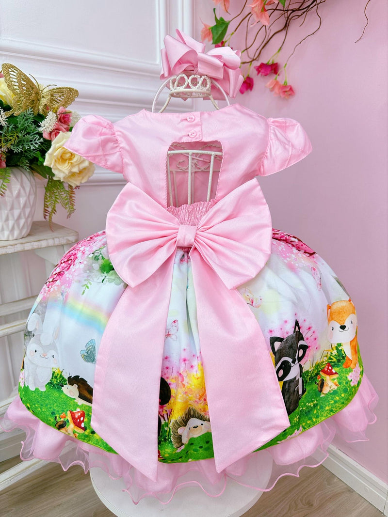 Vestido Infantil Rosa Jardim Encantado Bosque Apliques