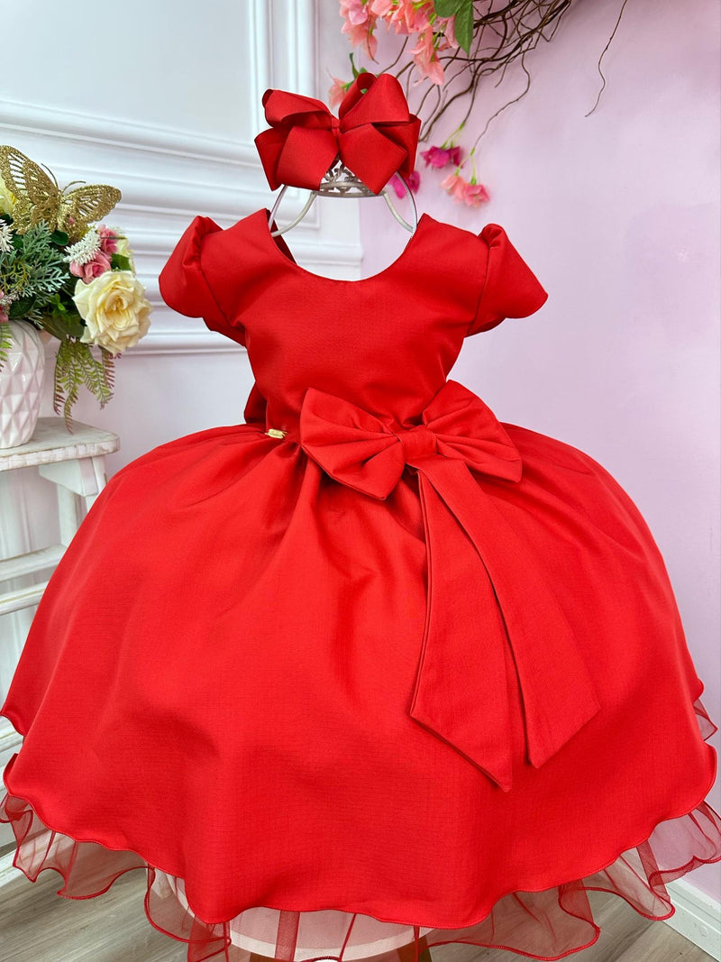 Vestido Infantil Vermelho Com Aplique de Laço Damas Luxo