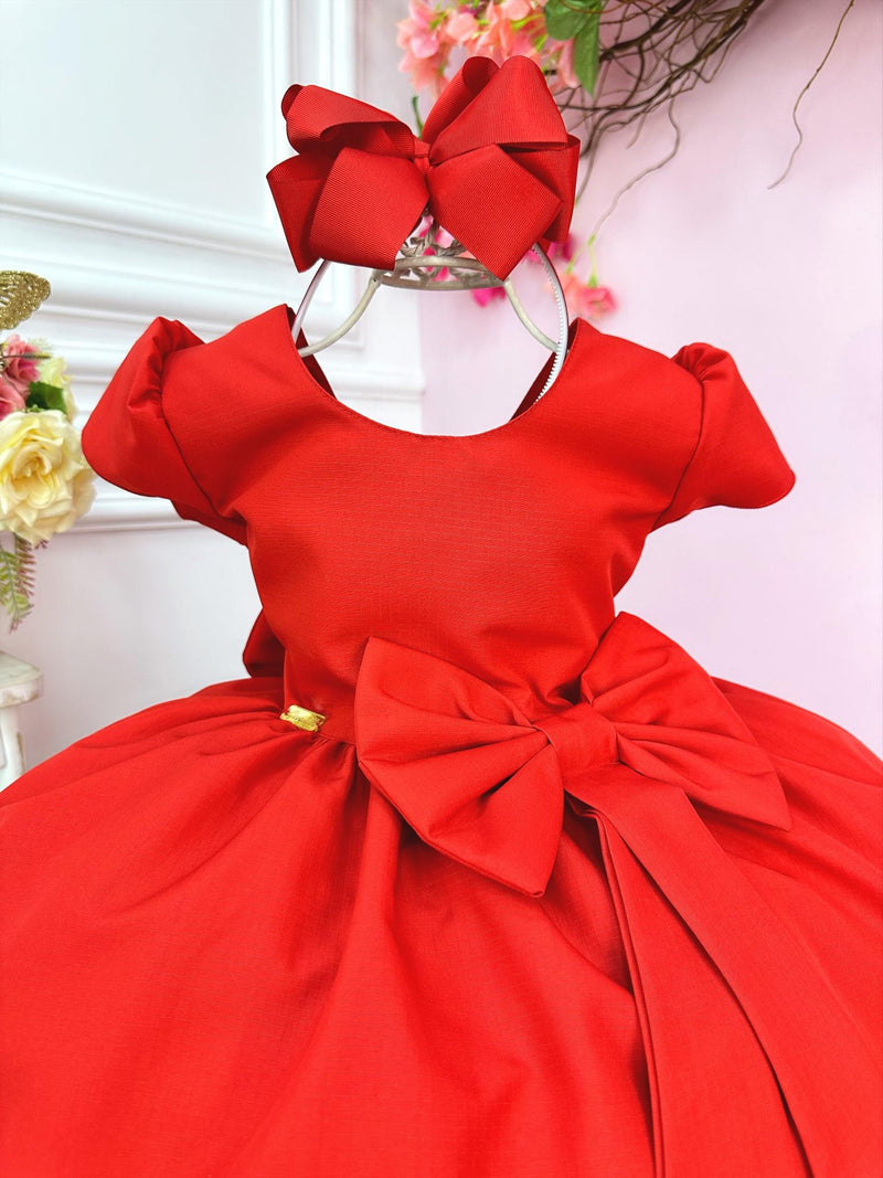 Vestido Infantil Vermelho Com Aplique de Laço Damas Luxo