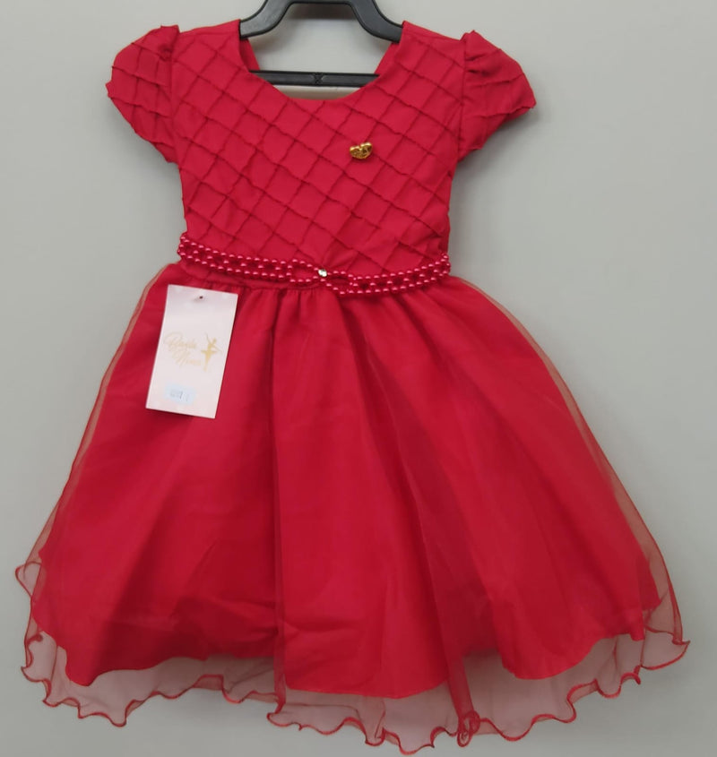 Vestido Infantil Vermelho Busto Nervura Cinto Pérolas Festas