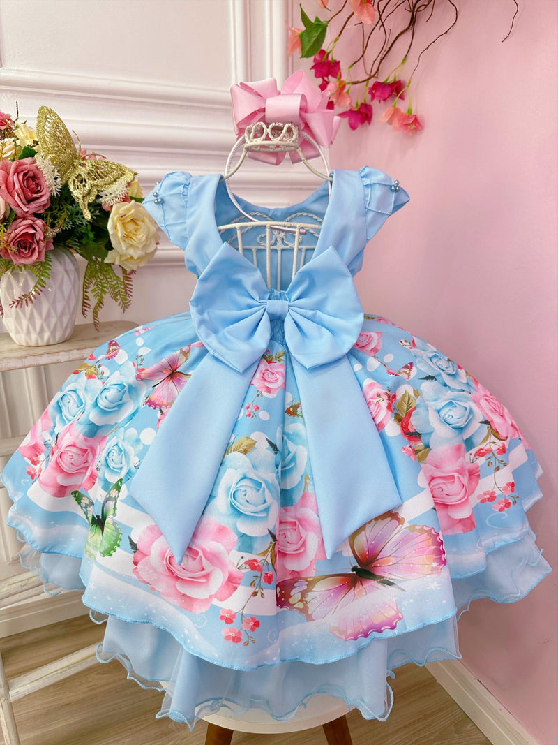 Vestido Infantil Azul Bebê Busto Nervura C/ Pérolas Festas