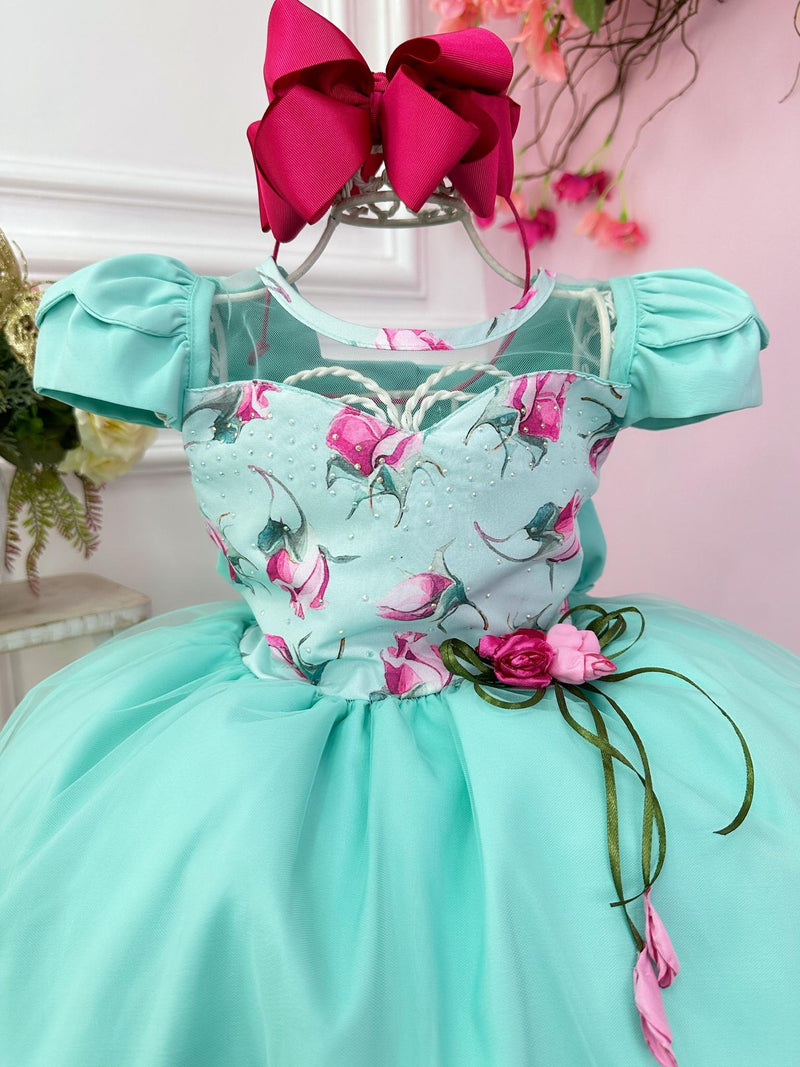 Vestido Infantil Verde Tiffany Florido C/ Broche Flor Festas