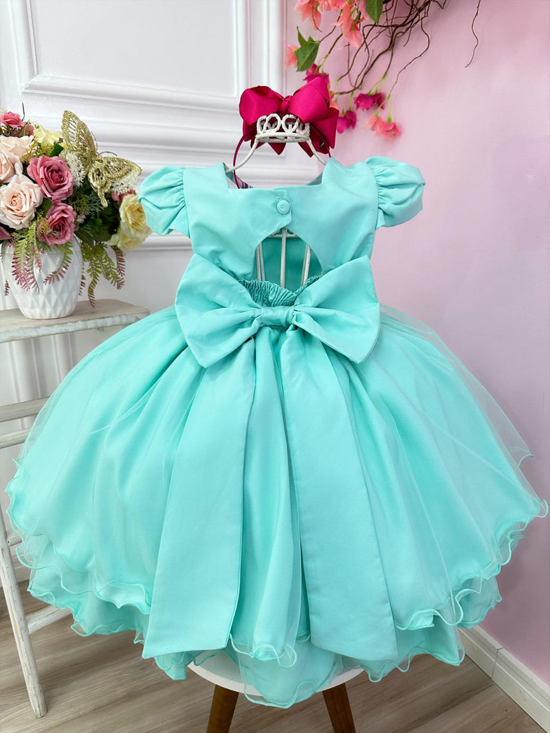 Vestido Infantil Verde Tiffany Florido C/ Broche Flor Festas