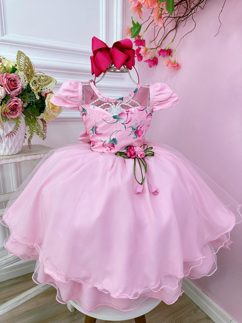 Vestido Infantil Rosa Florido Com Broche de Flor Festas Luxo