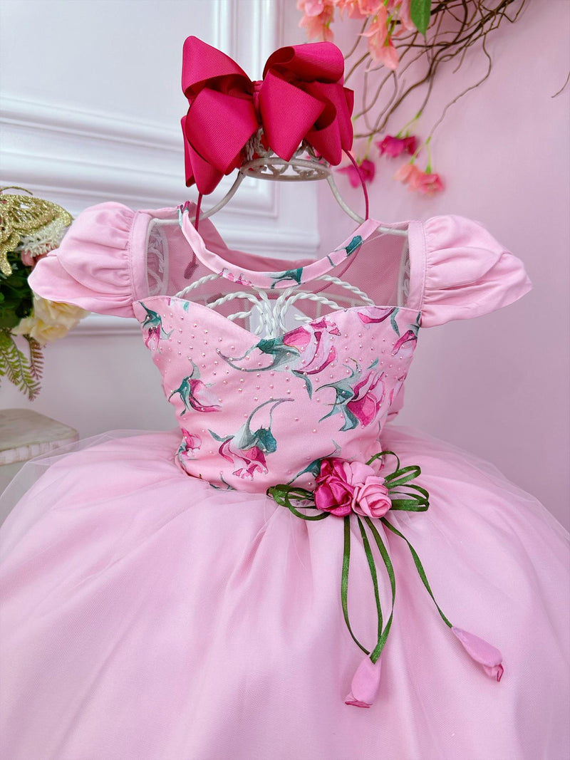 Vestido Infantil Rosa Florido Com Broche de Flor Festas Luxo