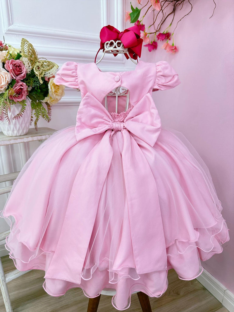 Vestido Infantil Rosa Florido Com Broche de Flor Festas Luxo