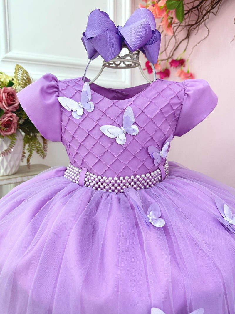 Vestido Infantil Lilás Busto Nervura e Aplique de Borboletas