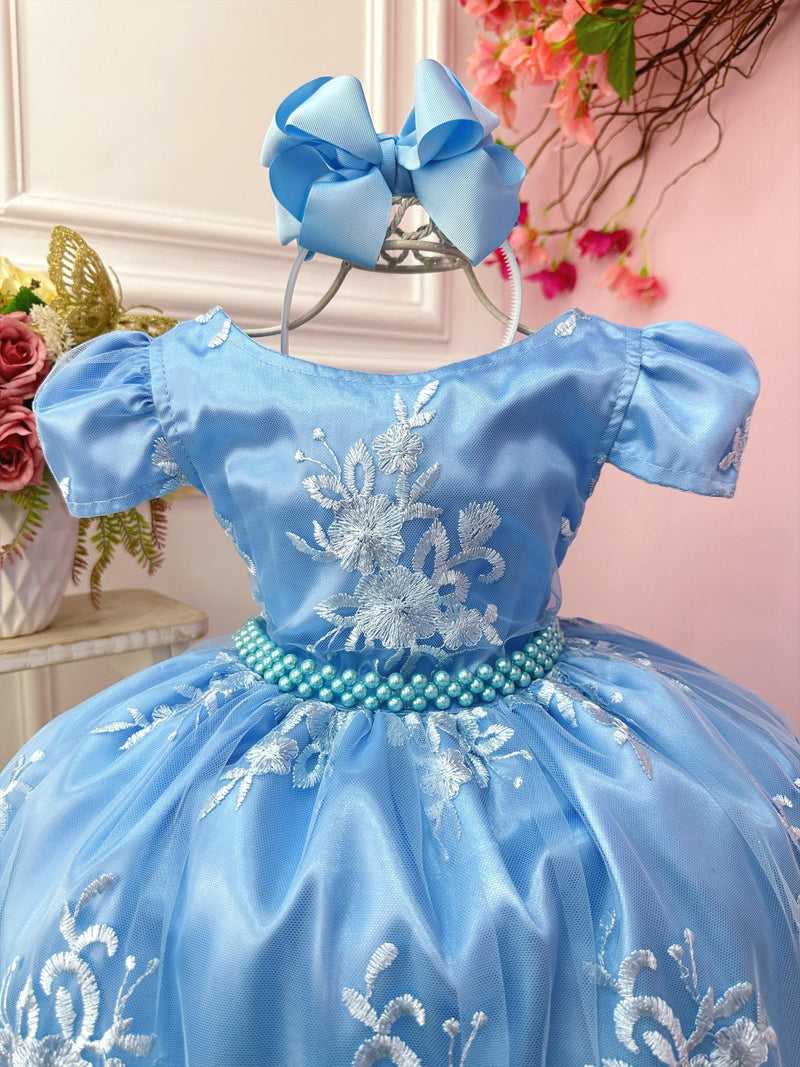 Vestido Infantil Azul Com Renda Realeza Cinto de Pérolas