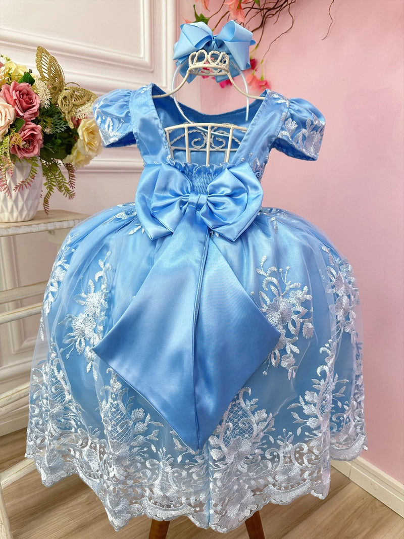 Vestido Infantil Azul Com Renda Realeza Cinto de Pérolas