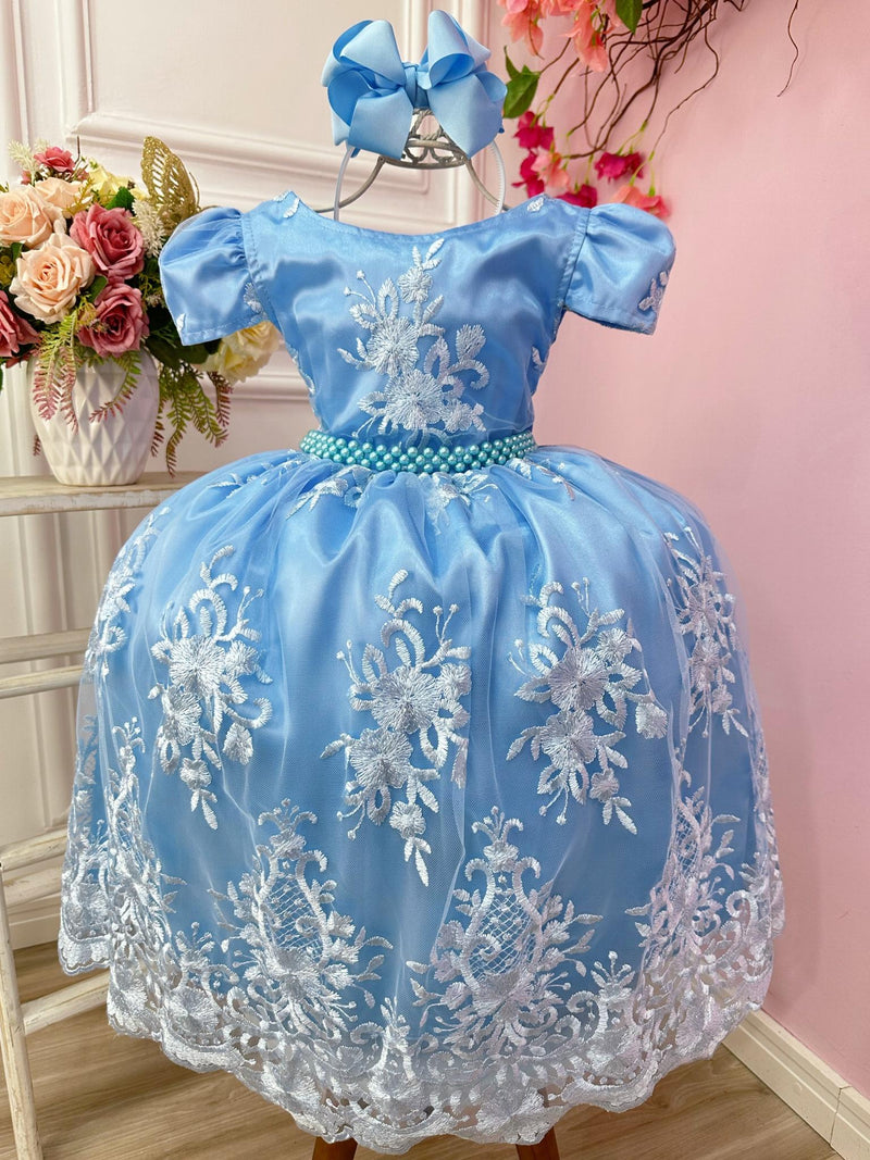 Vestido Infantil Azul Com Renda Realeza Cinto de Pérolas