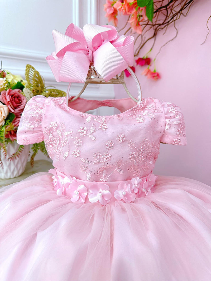 Vestido Infantil Rosa Bebê C/ Renda e Aplique Flores Festas