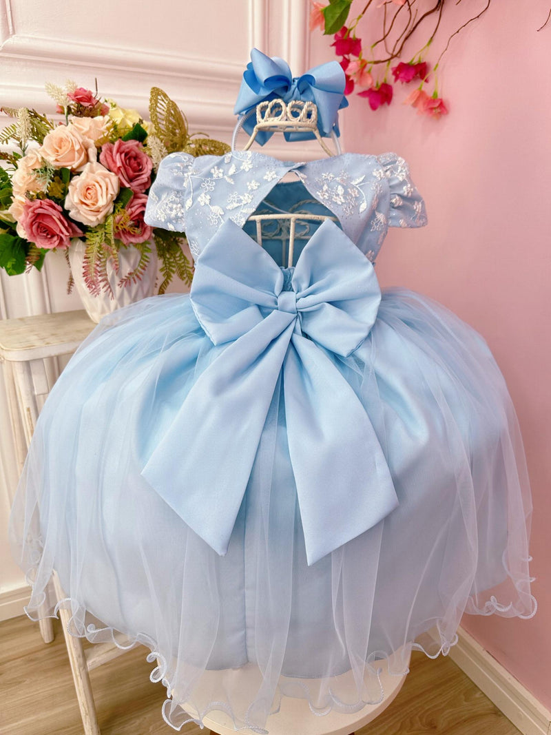 Vestido Infantil Azul Com Renda e Aplique de Flores Festas