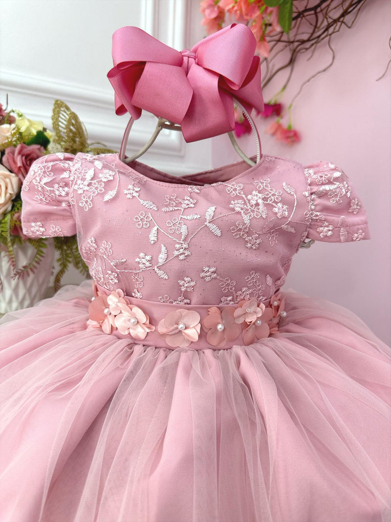 Vestido Infantil Rose Com Renda e Aplique de Flores Festas