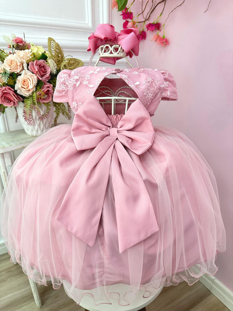 Vestido Infantil Rose Com Renda e Aplique de Flores Festas