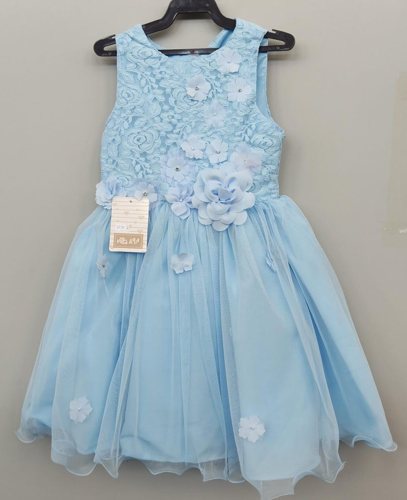 Vestido Infantil Azul C/ Renda e Aplique de Flores Damas