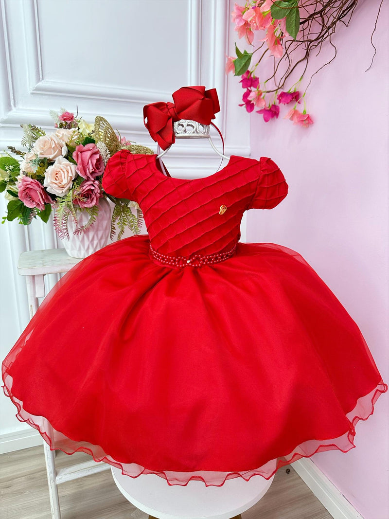 Vestido Infantil Vermelho Busto Nervura Cinto Pérolas Festas