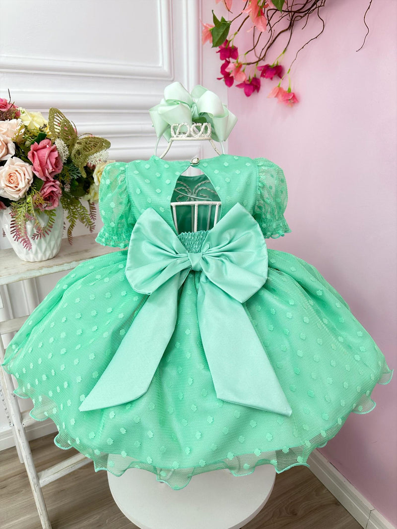 Vestido Bebê Verde Com Poá e Pérolas Batizados Festas