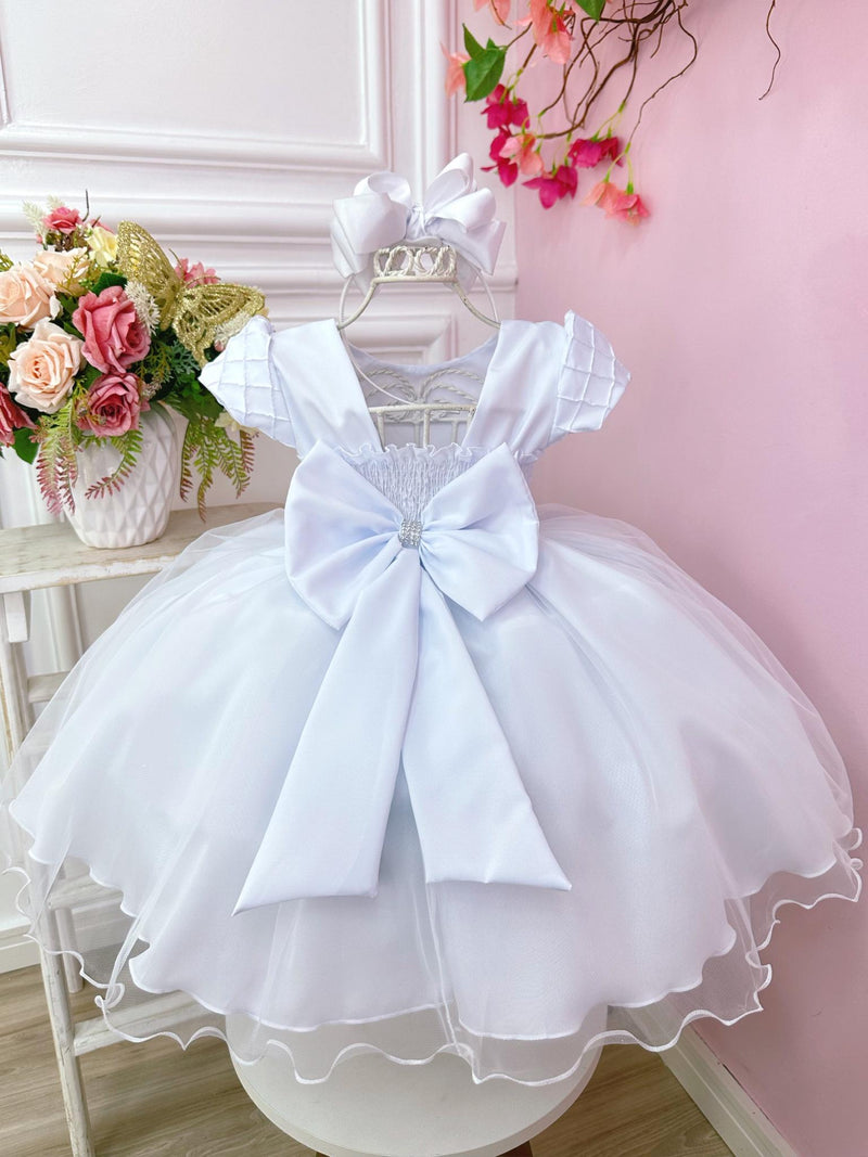 Vestido Infantil Branco Busto Nervura e Cinto Pérolas Festas