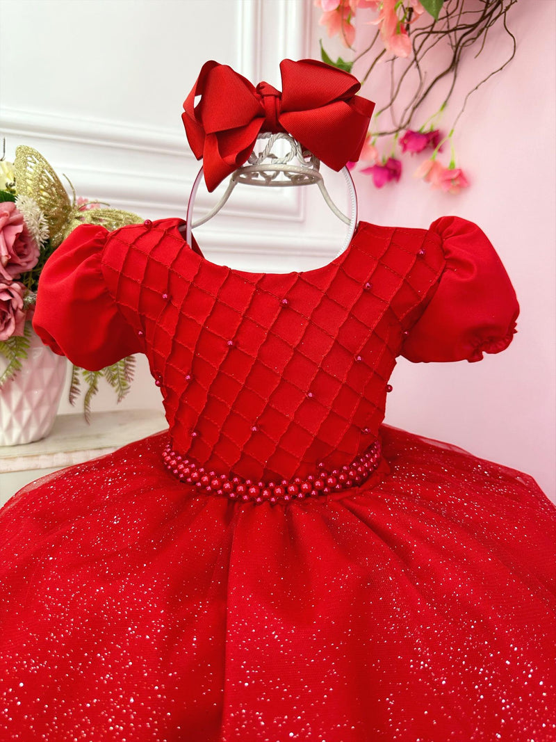 Vestido Infantil Vermelho Busto Nervura C/ Pérolas Festas