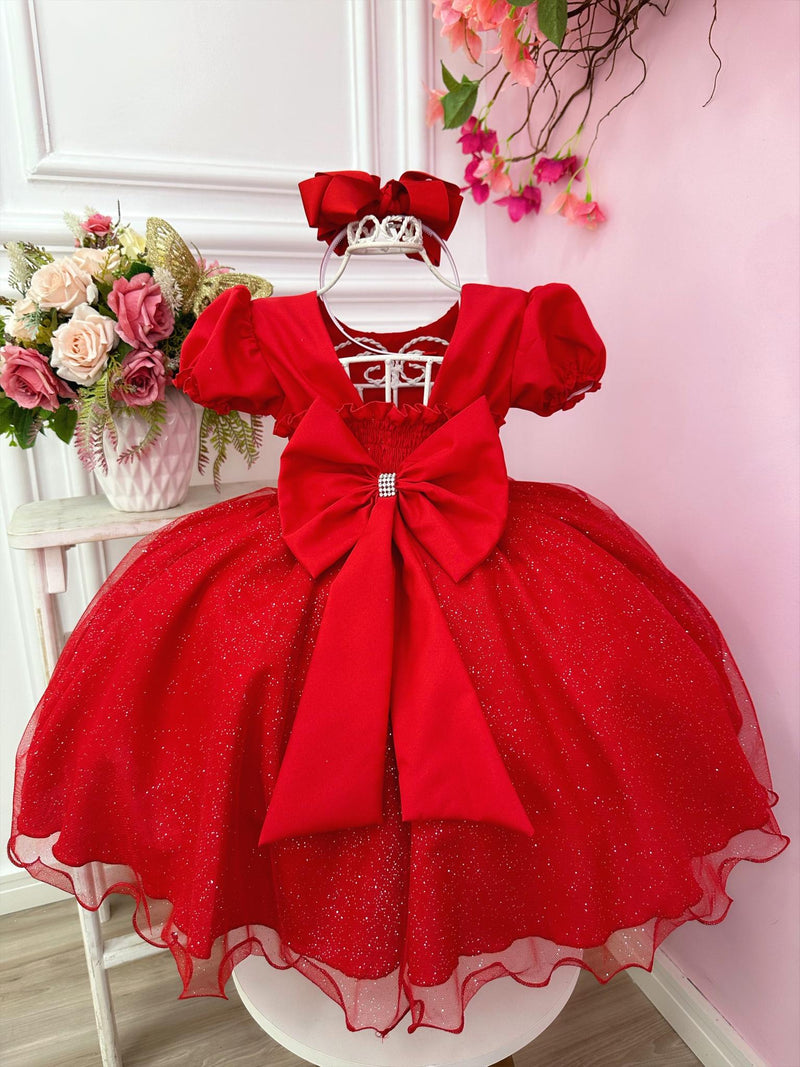 Vestido Infantil Vermelho Busto Nervura C/ Pérolas Festas