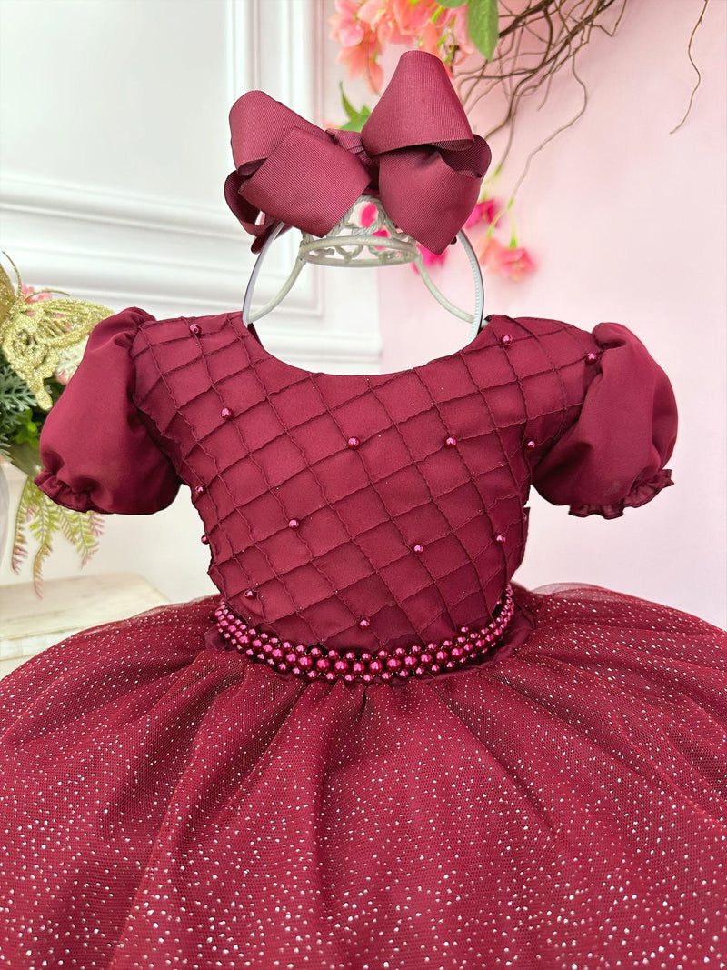 Vestido Infantil Marsala Busto Nervura C/ Pérolas Festas