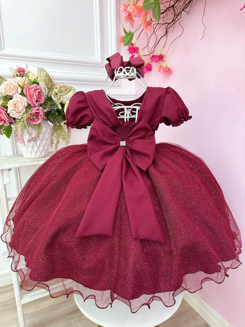 Vestido Infantil Marsala Busto Nervura C/ Pérolas Festas