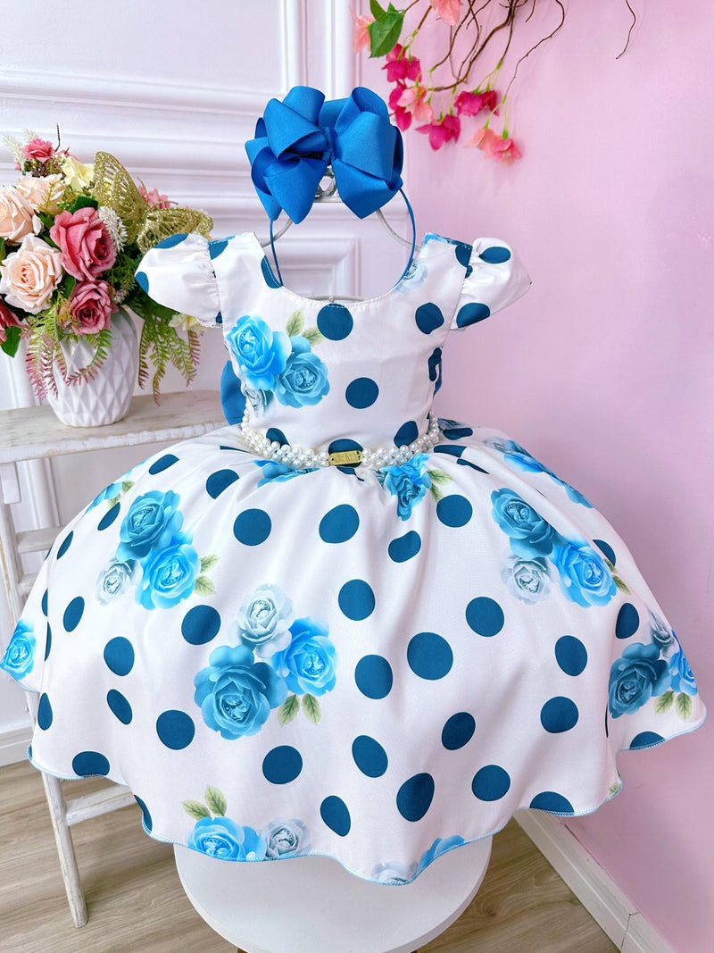 Vestido Infantil Off White e Azul Florido de Rosas Primavera