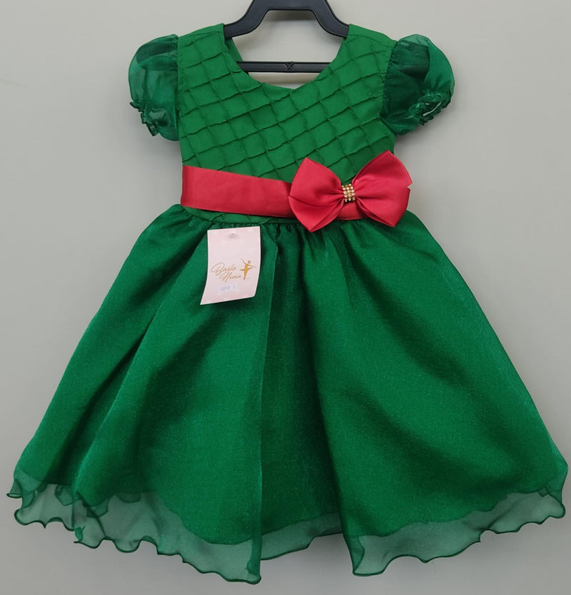 Vestido Infantil Verde C/ Busto Plissado e Broche Natal Festa