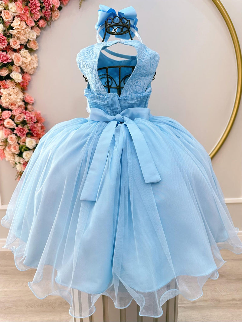 Vestido Infantil Azul C/ Renda e Aplique de Flores Damas